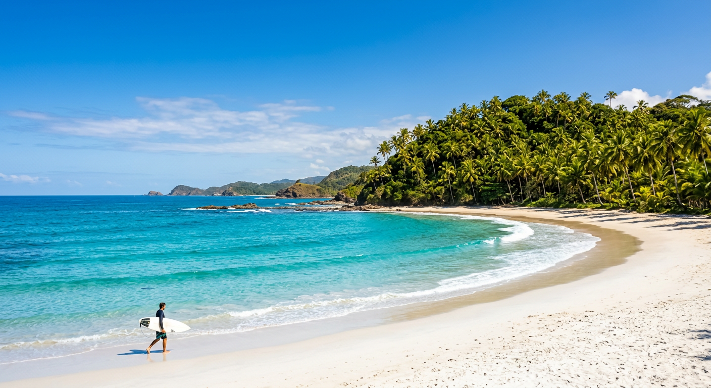 Praia do sul da Bahia com mar turquesa, areia branca, coqueiral e um surfista caminhando com a prancha