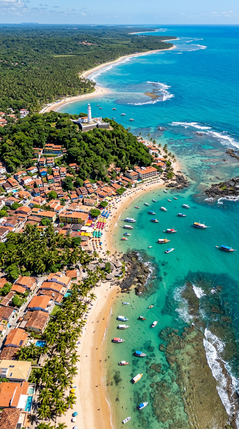 Praia de Morro de São Paulo com mar turquesa, barcos e coqueiros